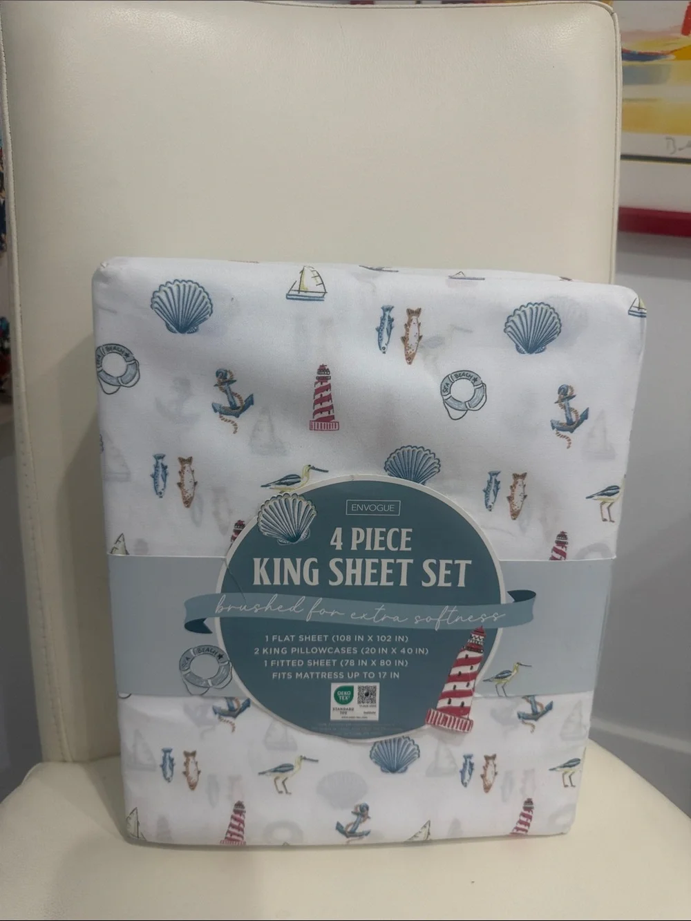 Envogue King Bed Sheet Set in White with Blue and Red Nautical Motifs